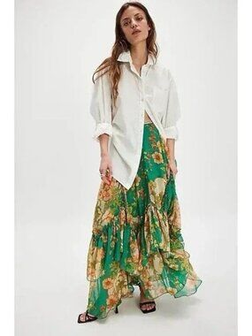 Free People Palermo Villa Chiffon Floral Maxi Skirt Emerald Combo